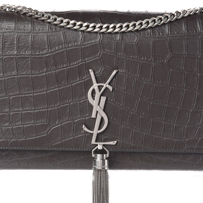Saint Laurent Calfskin Crocodile Embossed Medium Classic Monogram Kate Tassel Satchel Earth Grey 9 of 11