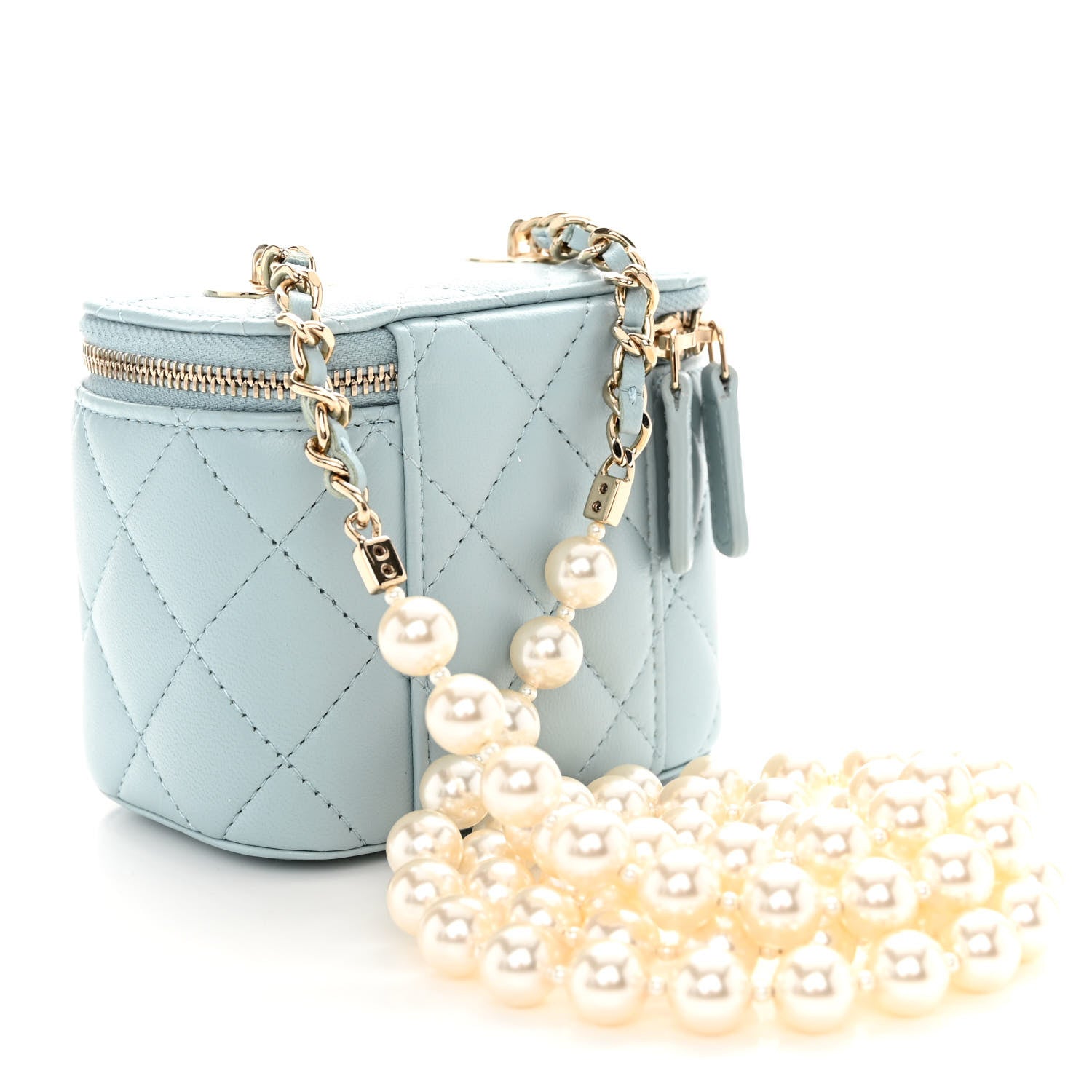 Chanel Lambskin Quilted Mini Vanity Case With Pearl Chain Light