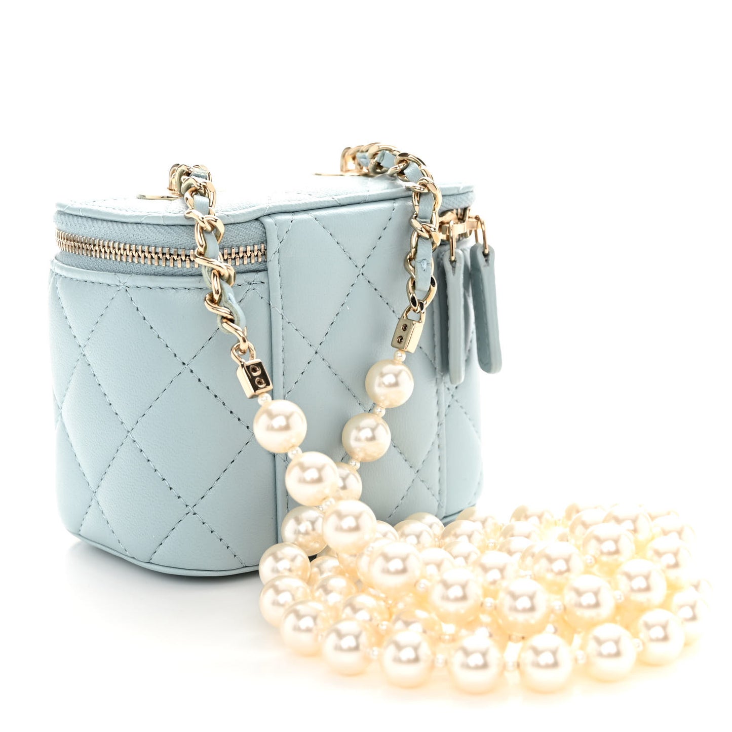 Lambskin Quilted Mini Vanity Case With Pearl Chain Light Blue