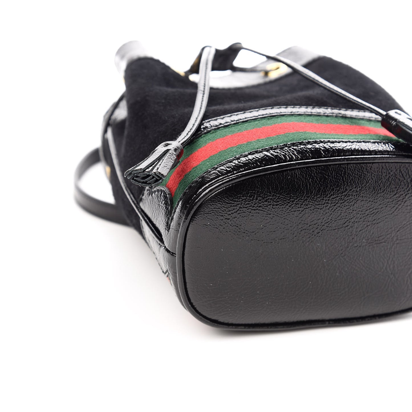 Suede Patent Web Mini Ophidia Bucket Bag Black