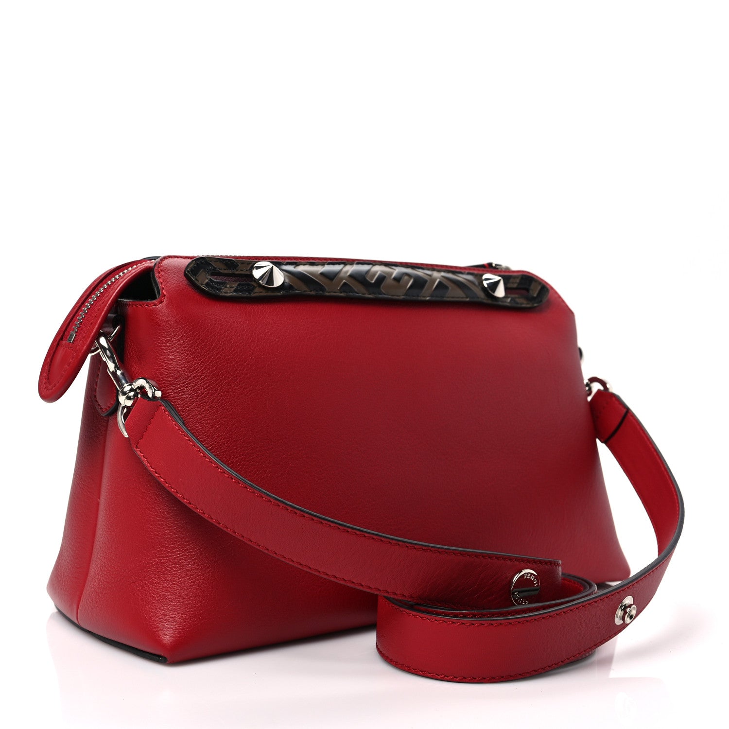 Fendi Vitello Dolce Bi-Color FF 1974 Embossed Medium By The Way Boston Bag Fragola Maya Black 3 of 7