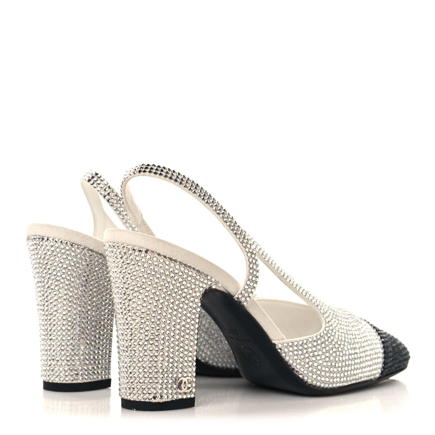 Chanel Strass Grosgrain Cap Toe CC Slingback Pumps 36.5 Silver Black 5 of 9