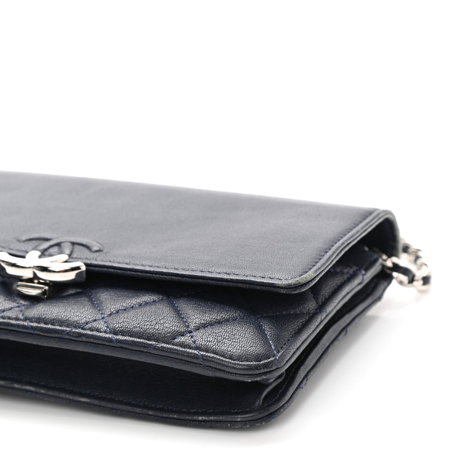 Grained Calfskin Quilted CC Box Wallet On Chain WOC Navy