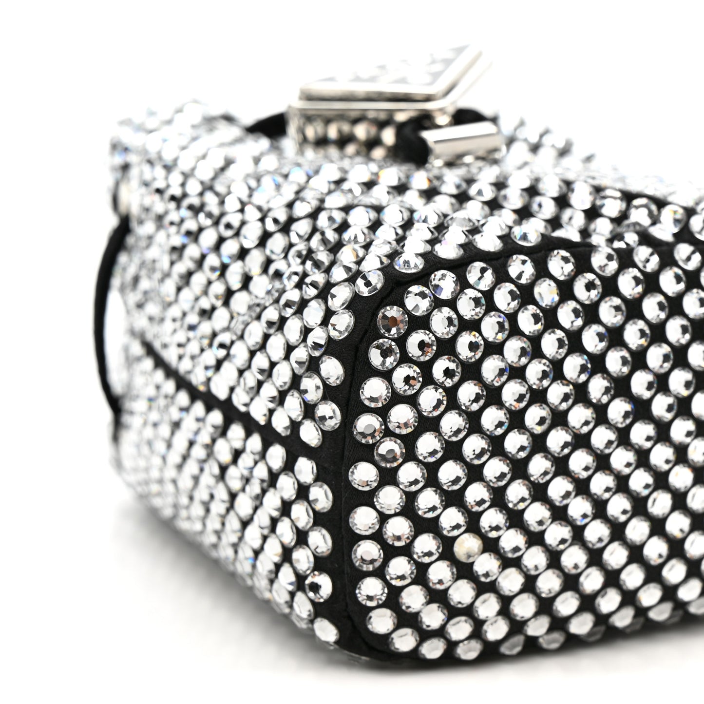 Satin Crystal Metal Triangle Logo Mini Drawcord Pouch Shoulder Bag Crystal
