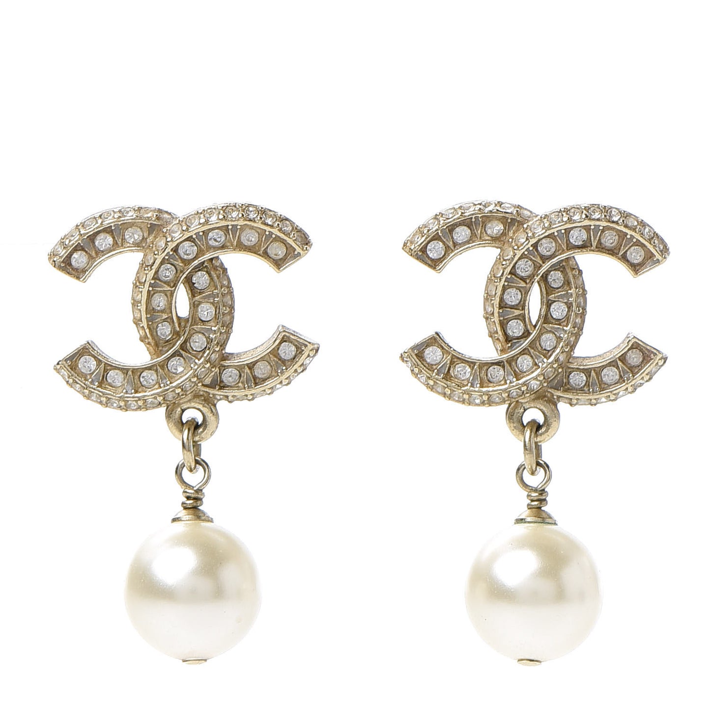 Crystal Pearl CC Drop Earrings Gold