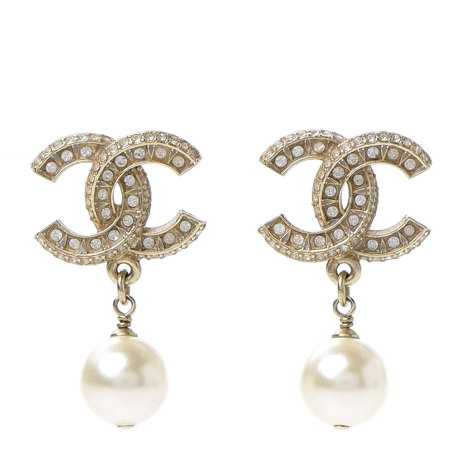 Chanel Crystal Pearl CC Drop Earrings Gold 1 of 4