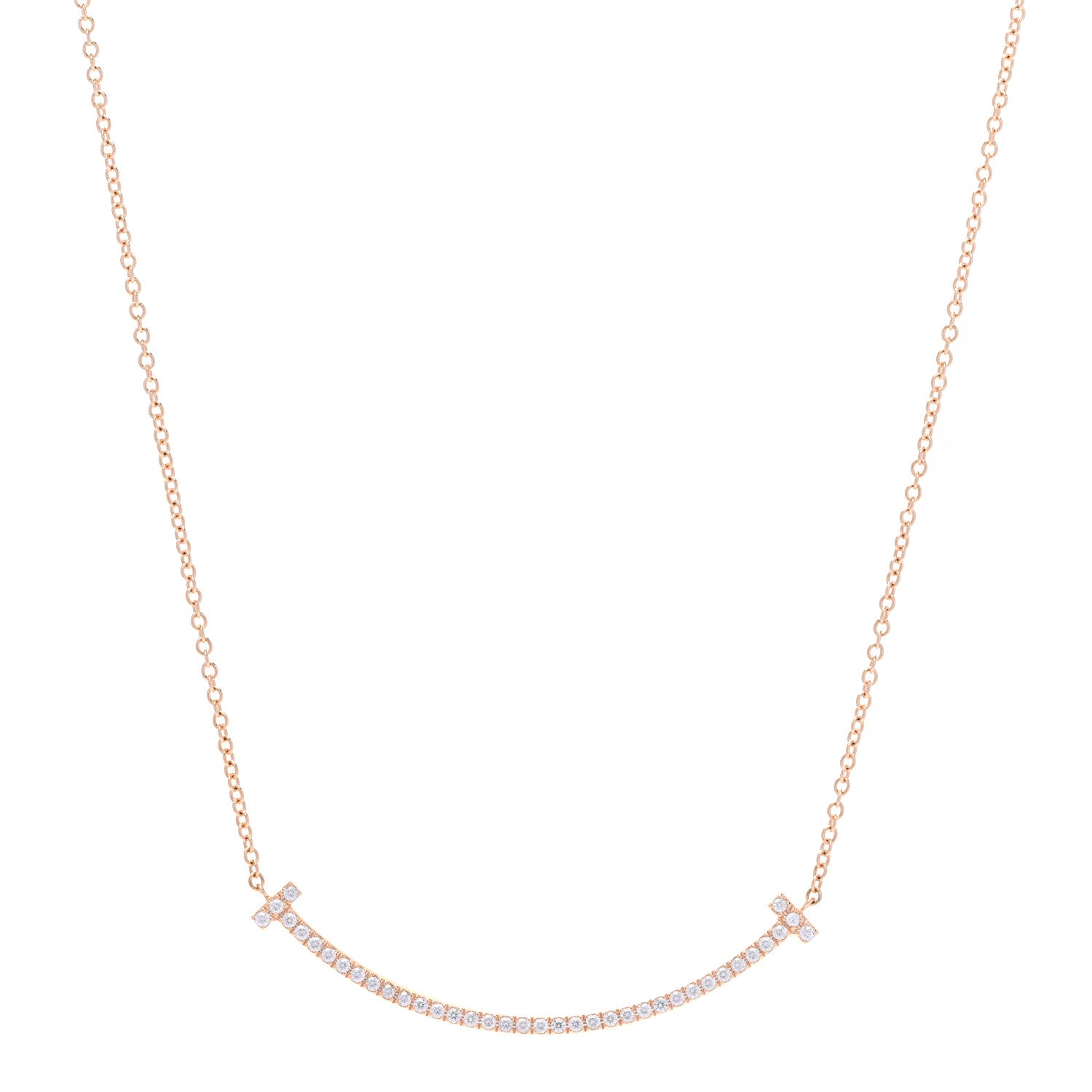 Tiffany 18K Rose Gold Diamond Small T Smile Pendant Necklace 1 of 5