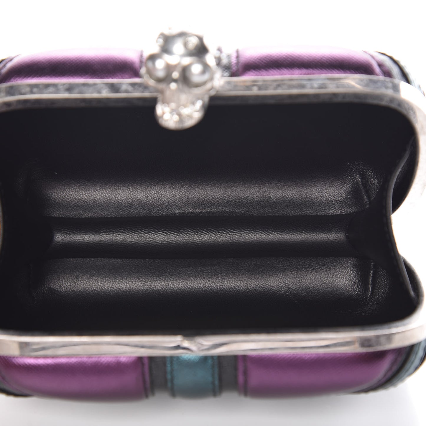 Metallic Saffiano Britannia Skull Box Clutch Green Black Purple