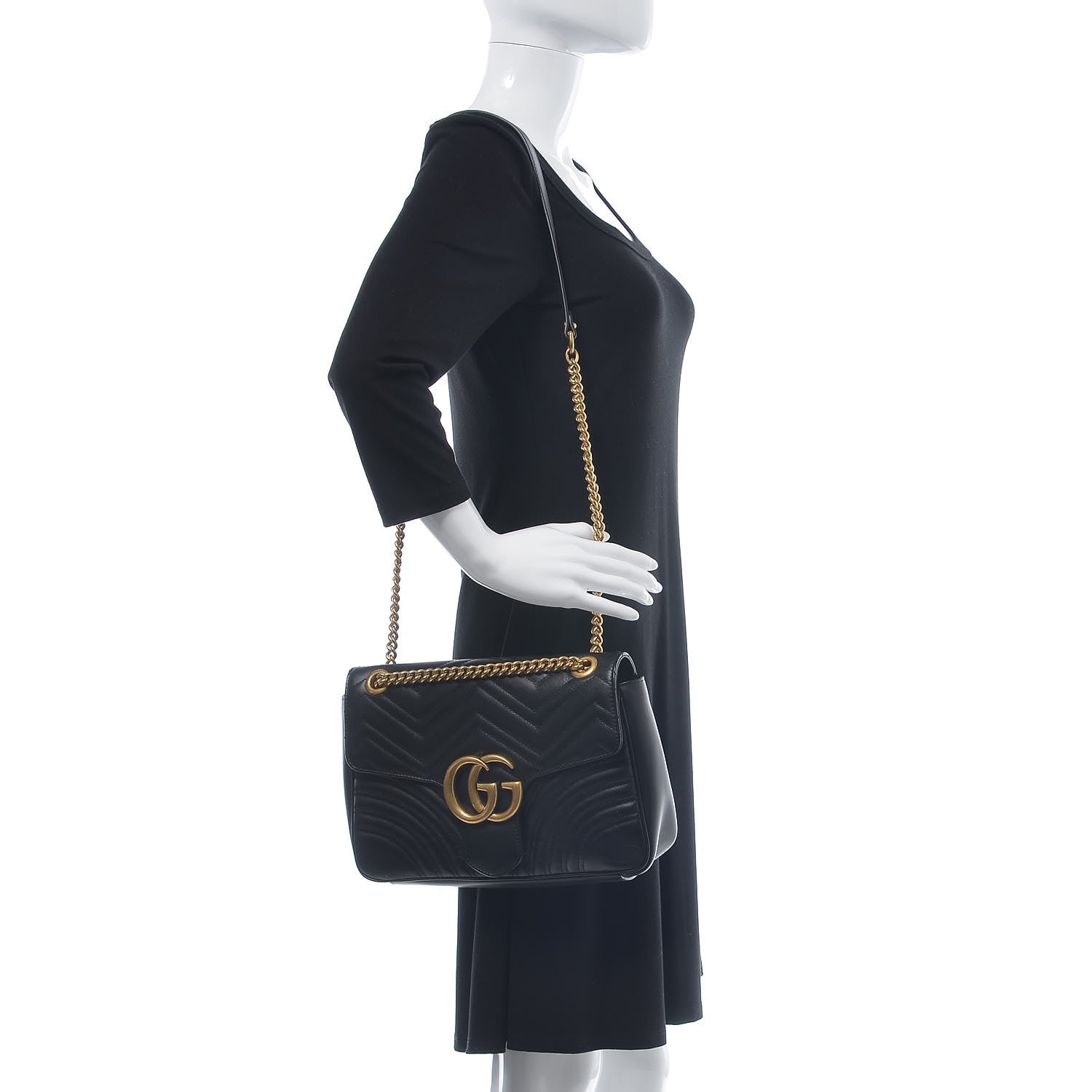 Gucci Calfskin Matelasse Medium GG Marmont Shoulder Bag Black 2 of 11