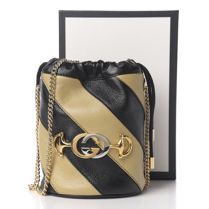 Gucci Calfskin Diagonal Striped Mini Zumi Bucket Bag Black Beige 9 of 9