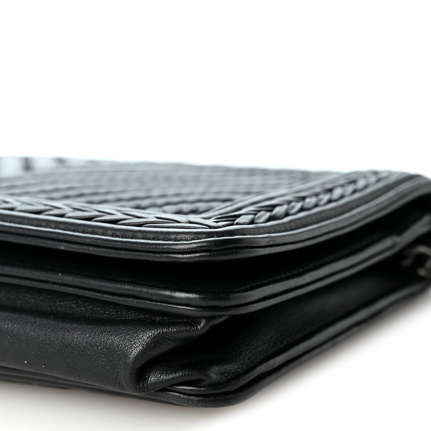Calfskin Chevron Quilted Braided Boy Wallet On Chain WOC Black