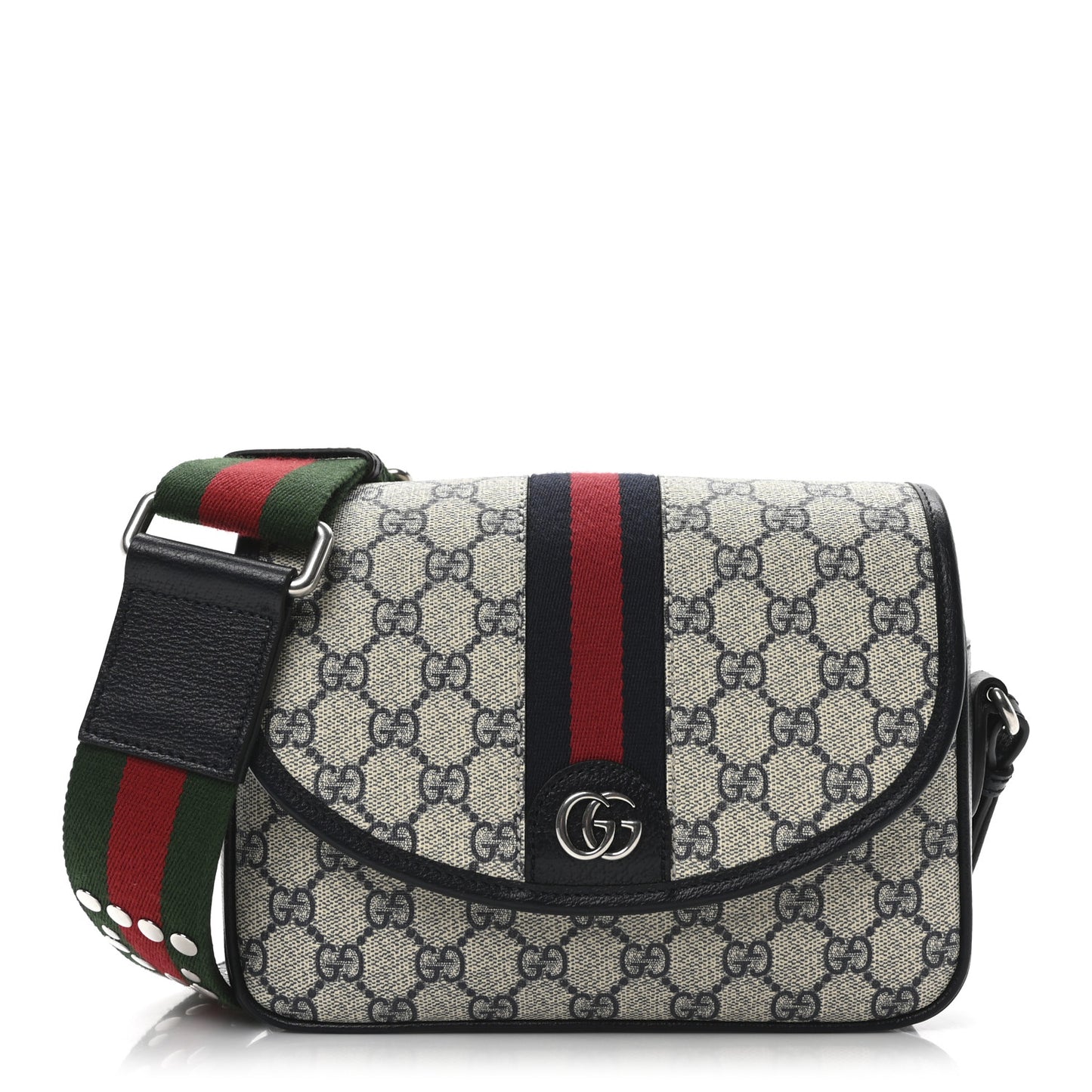 GG Supreme Monogram Textured Dollar Calfskin Web Studded Mini Ophidia Flap Shoulder Bag Beige Blue