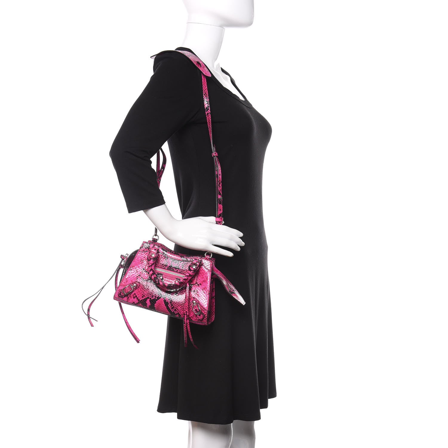 Balenciaga Calfskin Python Effect Neo Classic Silver Hardware Mini City Fuchsia Black 2 of 9