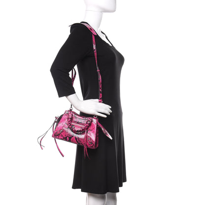 Balenciaga Calfskin Python Effect Neo Classic Silver Hardware Mini City Fuchsia Black 2 of 9