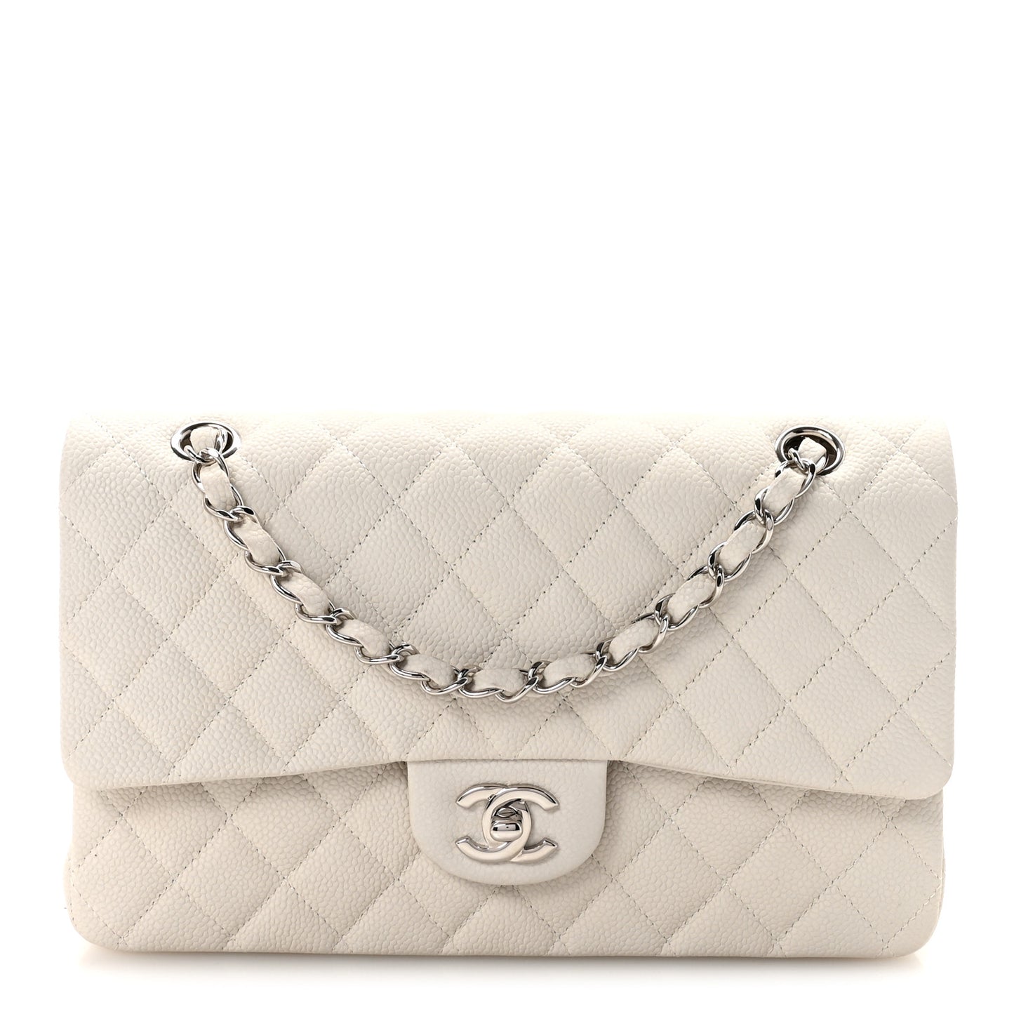 Iridescent Caviar Quilted Medium Double Flap Off White