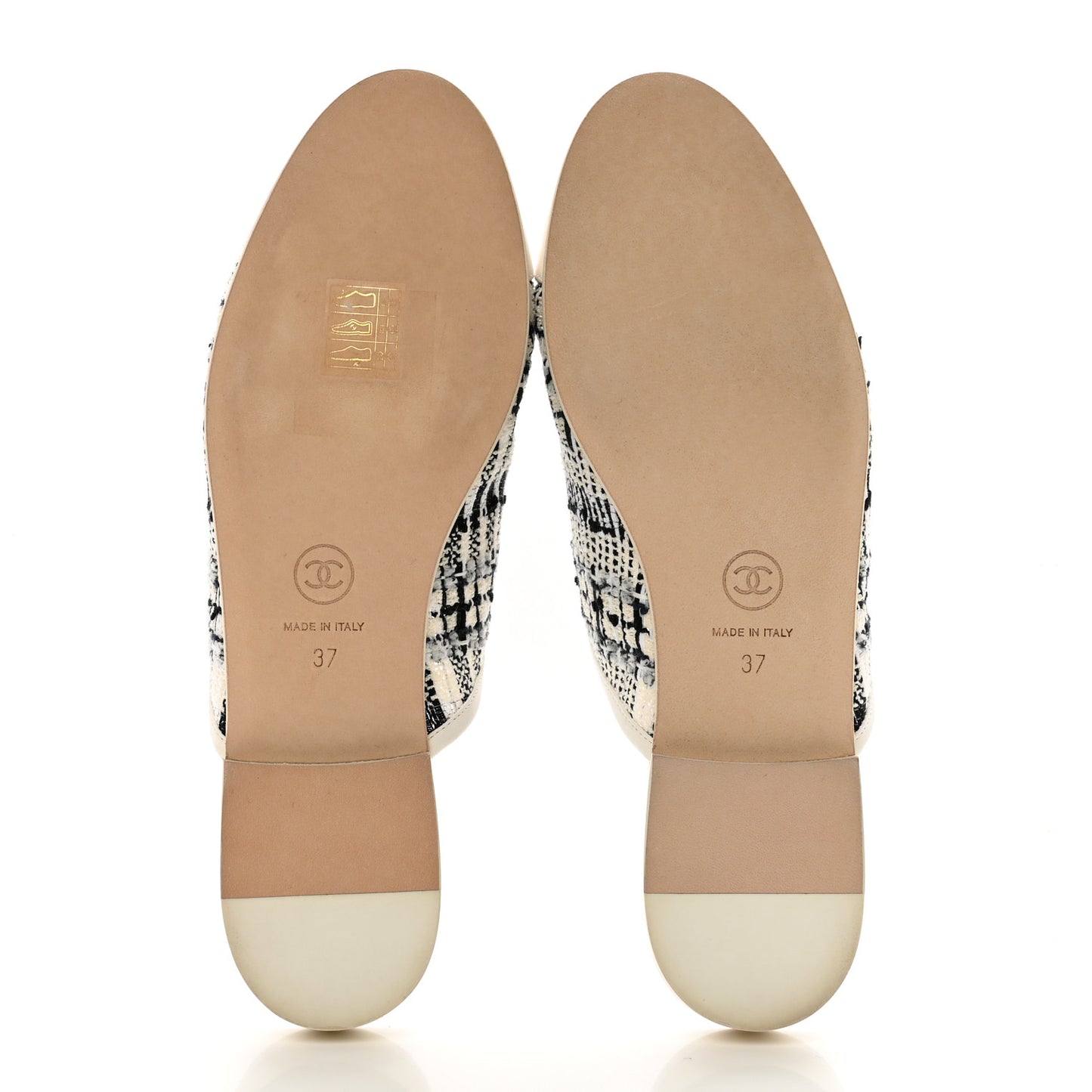 Tweed Lambskin CC Flat Mules 37 White Black