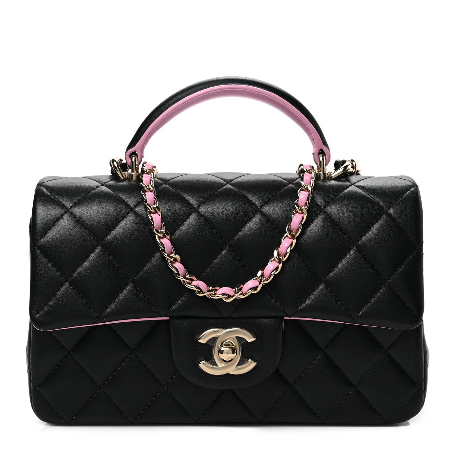 Lambskin Quilted Bi-Color Mini Top Handle Rectangular Flap Black Lilac