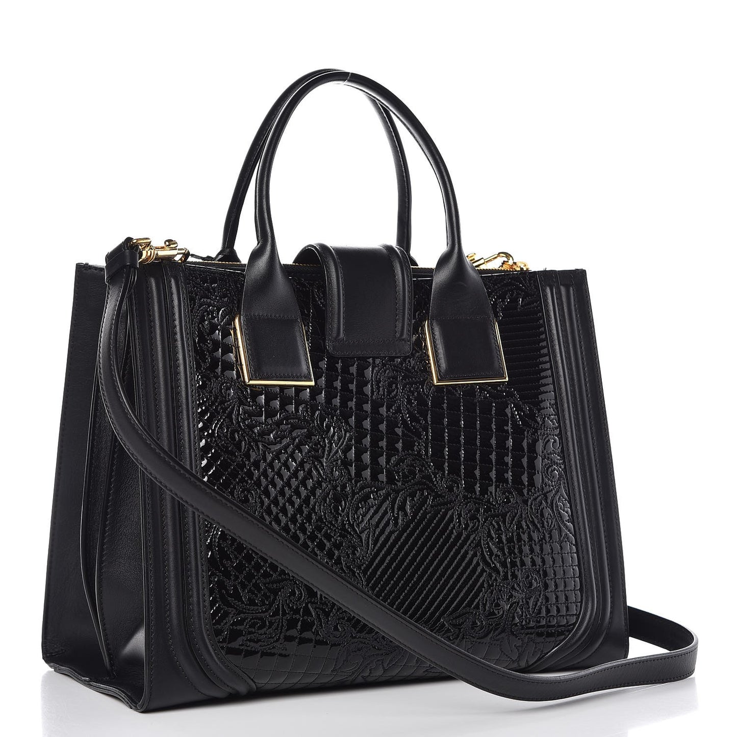 Patent Calfskin Barocco Quilted Day Bag Black