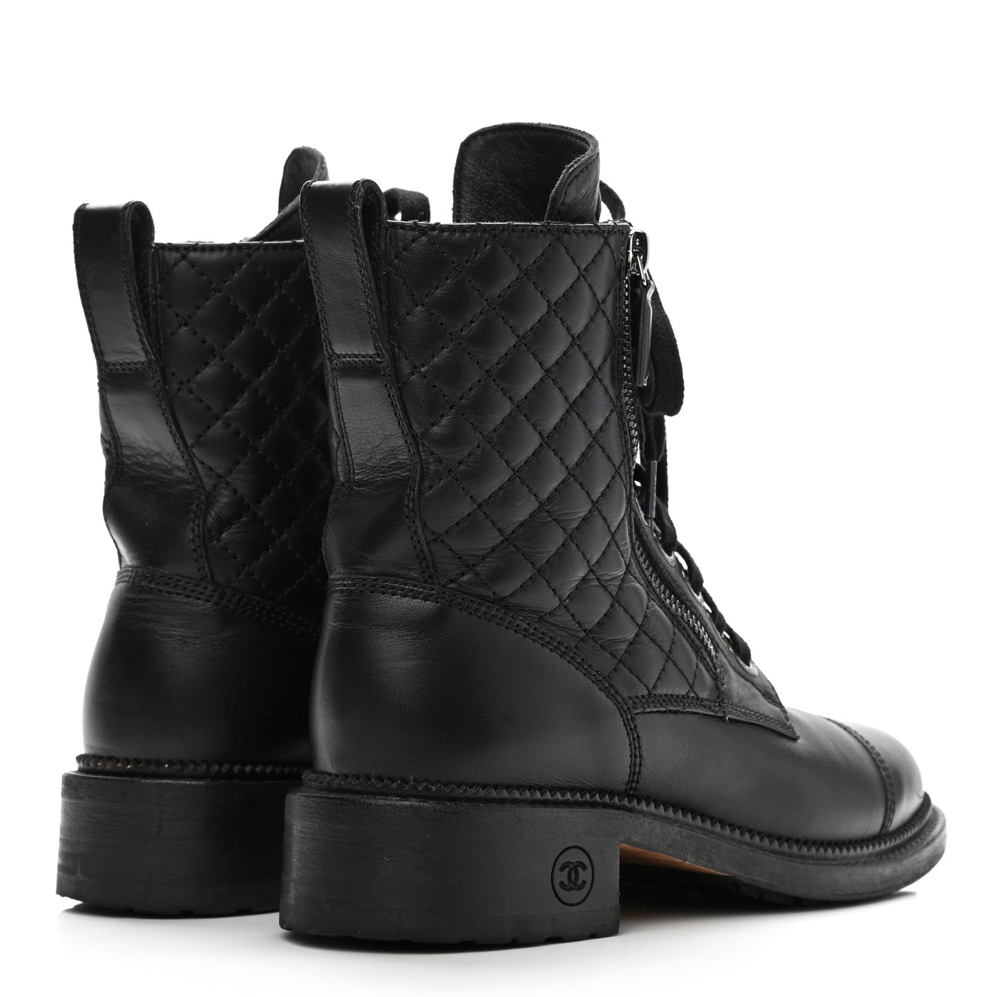 Calfskin Quilted Lace Up Combat Boots 36.5 Black