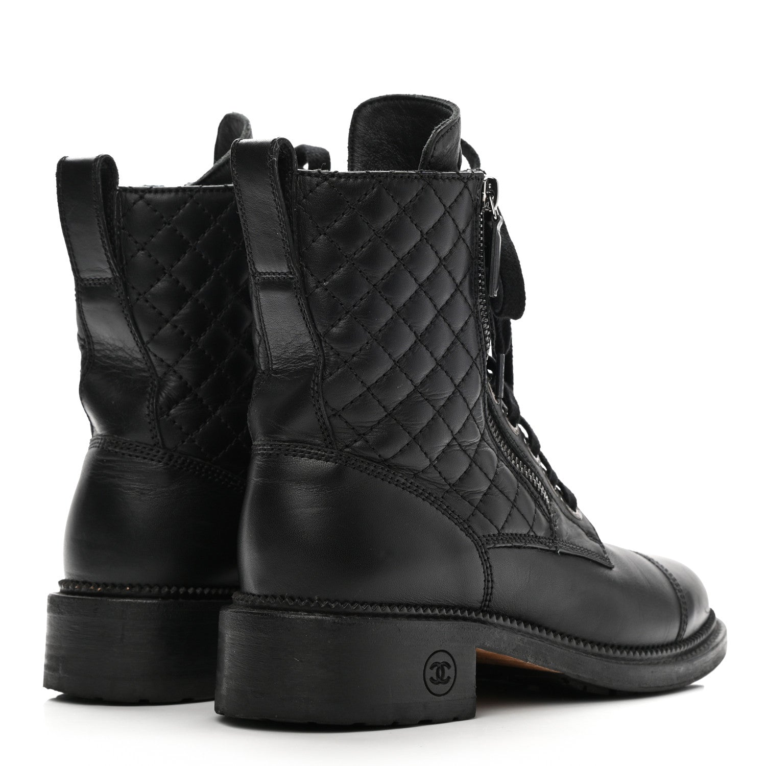 Chanel Calfskin Quilted Lace Up Combat Boots 36.5 Black 4 of 11