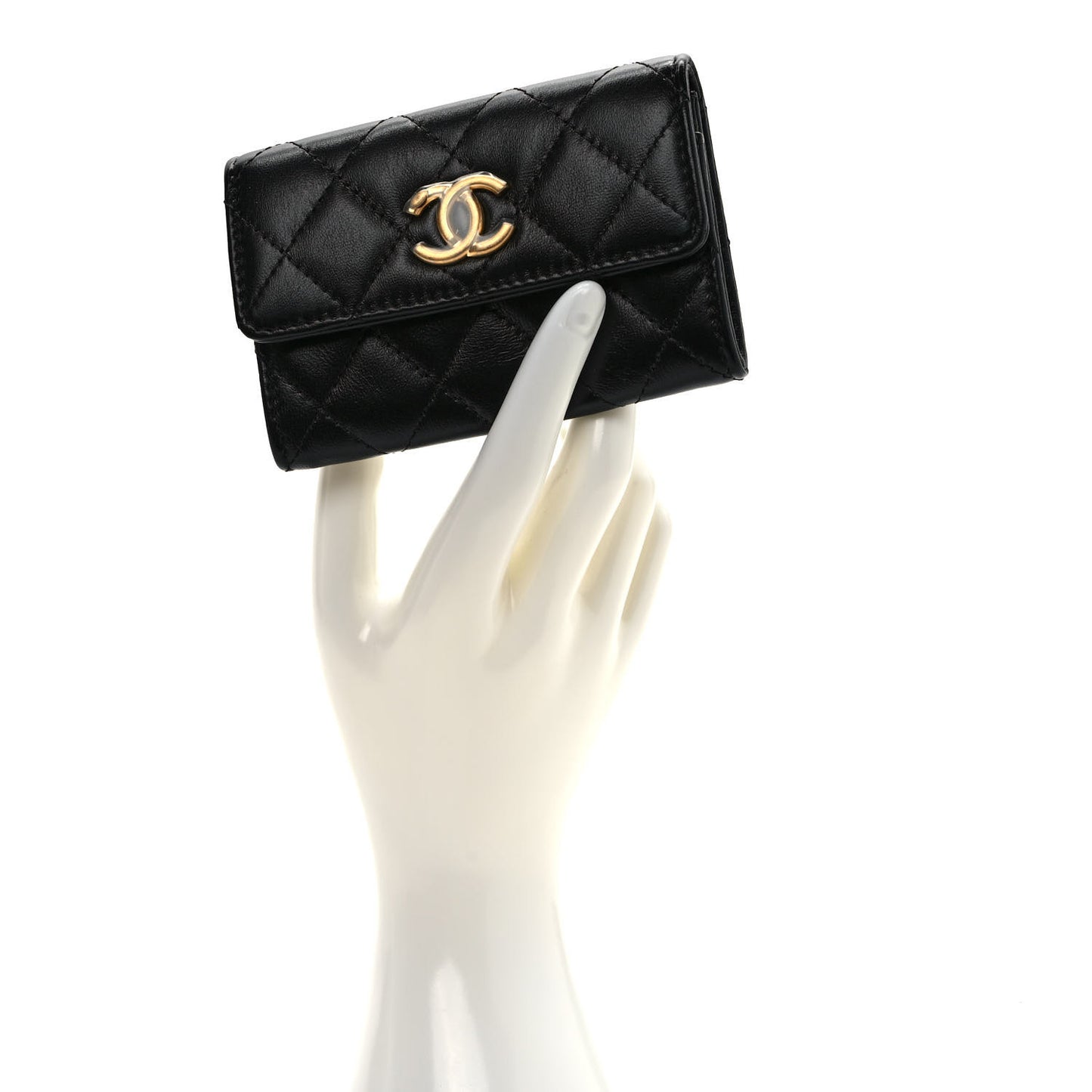Lambskin Quilted Flap Card Holder Wallet Black