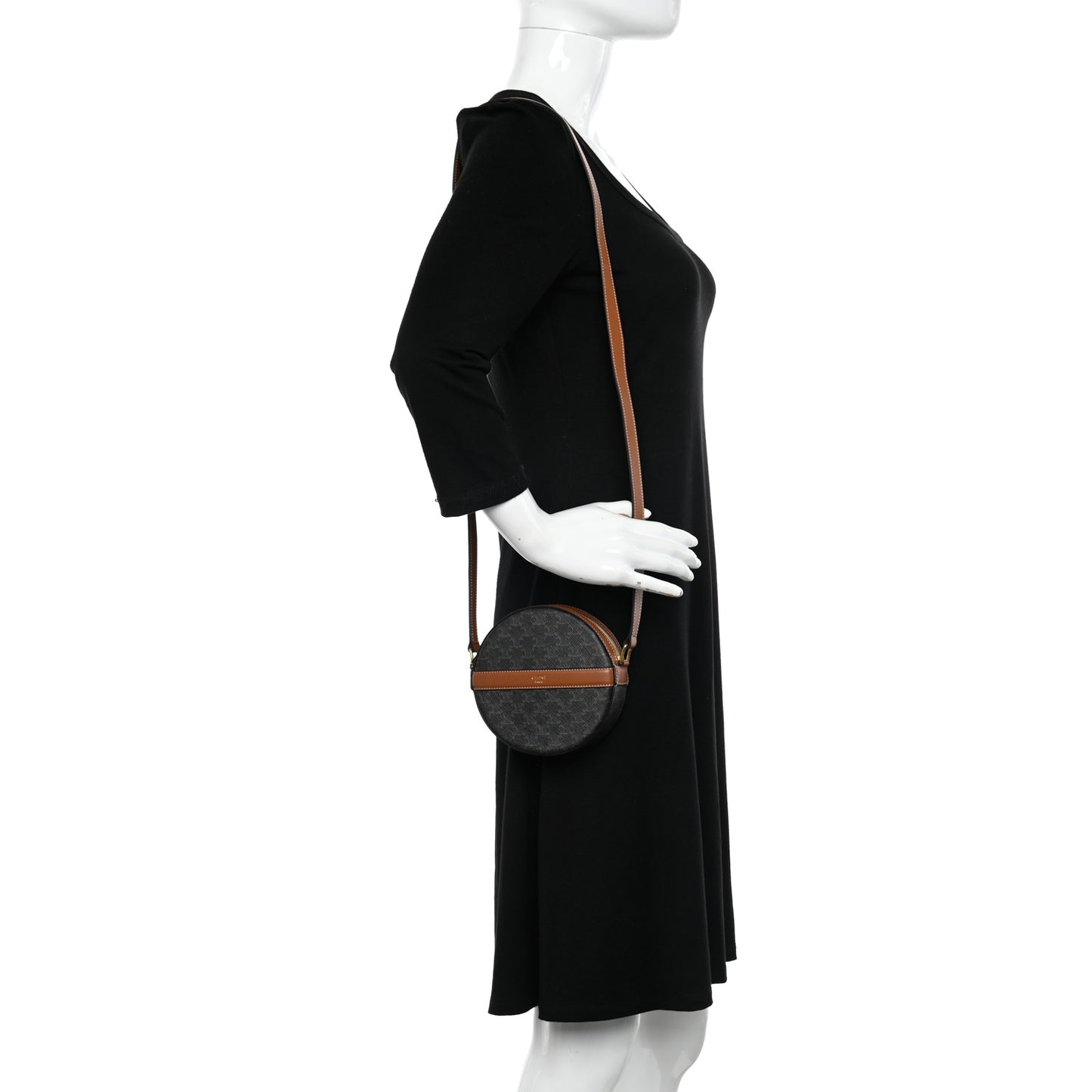 Lambskin Triomphe Canvas Round Purse On Strap Black Tan