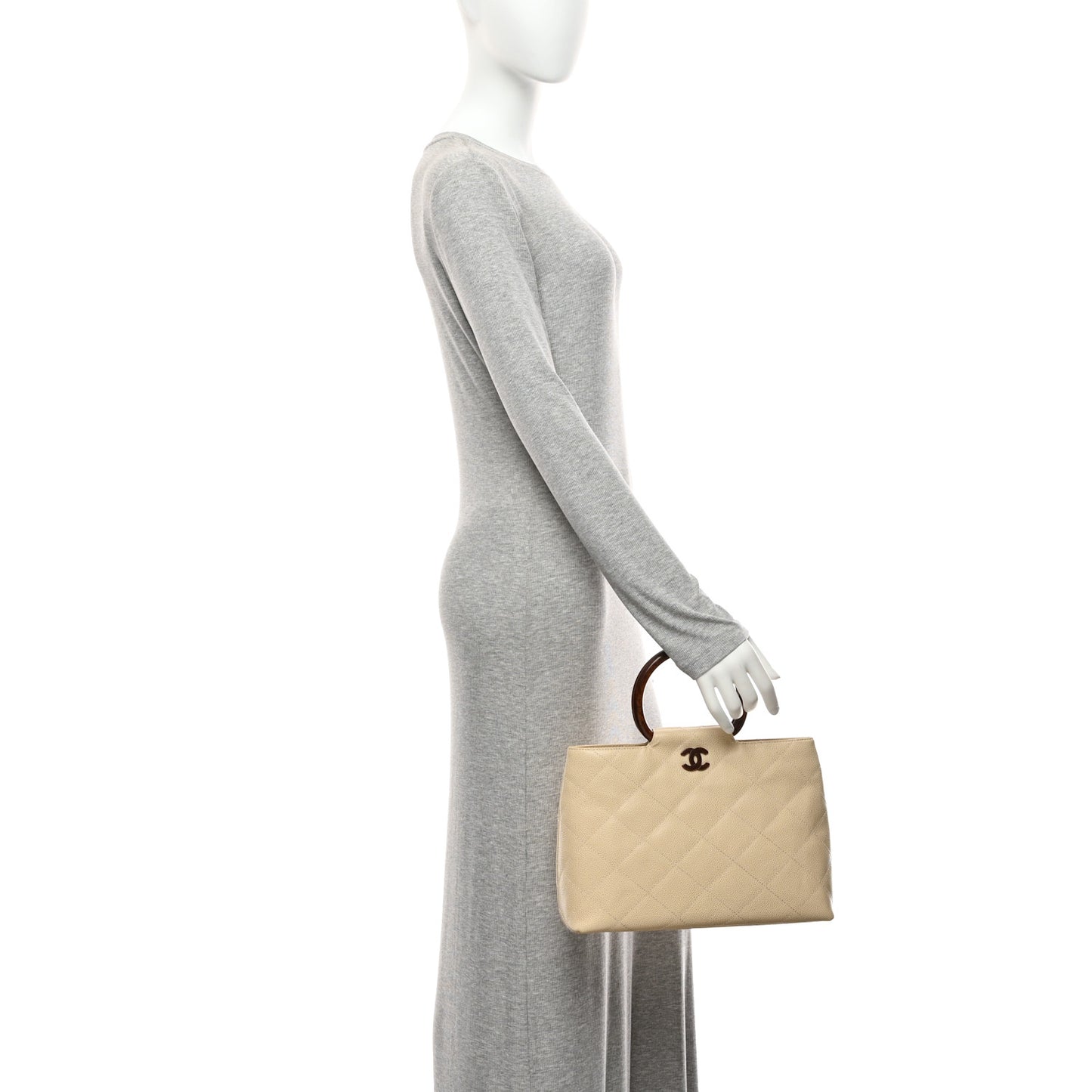 Caviar CC Wood Handle Tote Beige