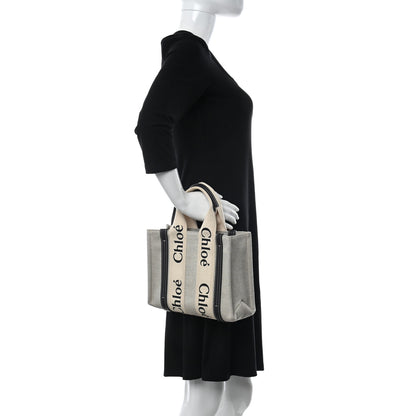 Chloe Cotton Calfskin Small Woody Ribbon Tote With Strap White Navy 3 of 10
