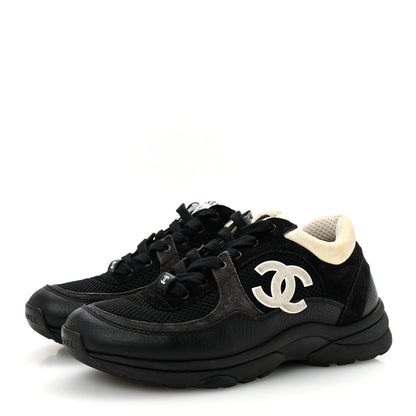Chanel Mesh Suede Grained Calfskin Womens CC Sneakers 36.5 Black White 4 of 10
