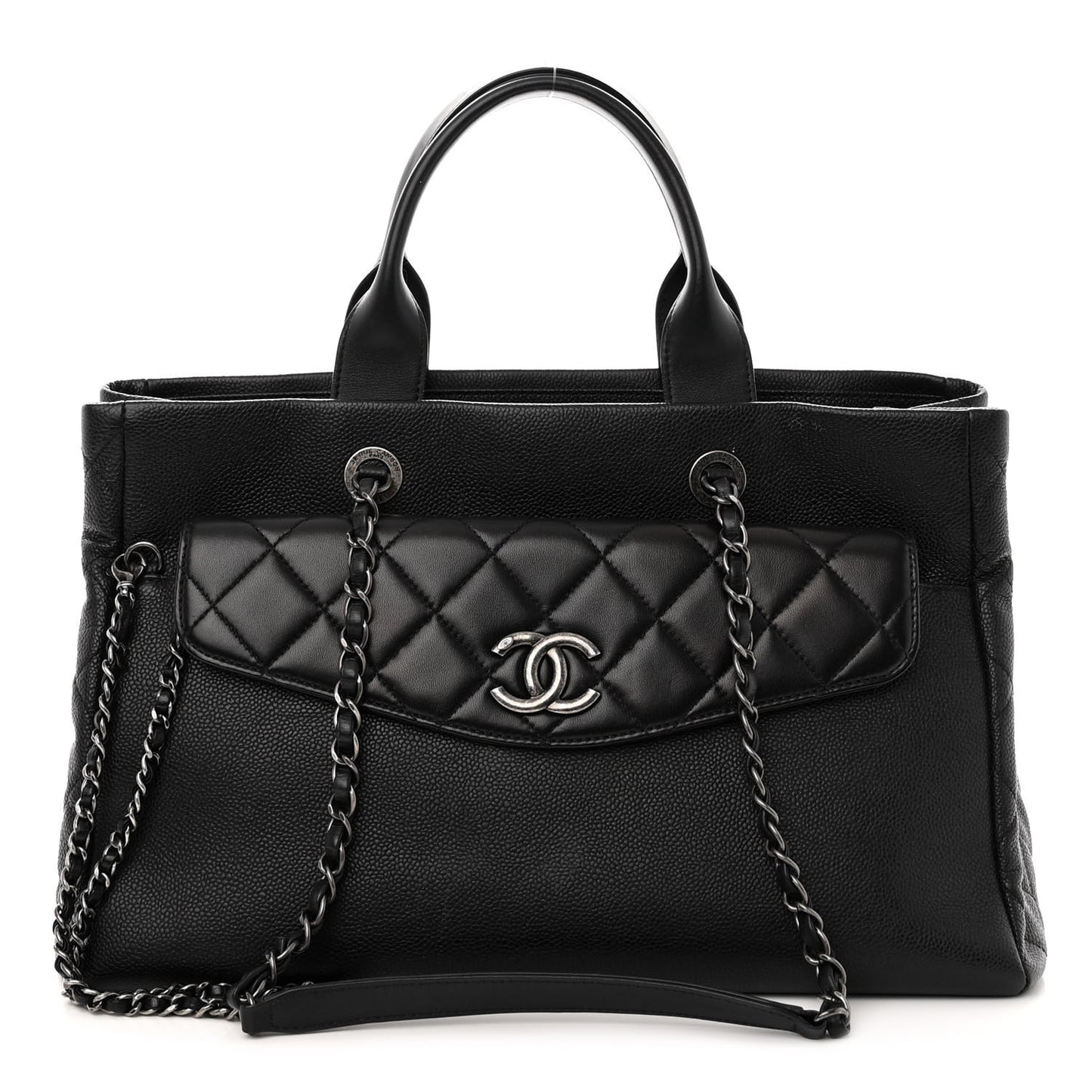 Caviar Lambskin Quilted Large Coco Break Shopping Bag Black