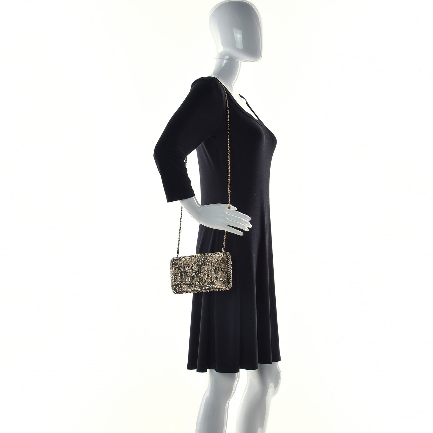 Pearl Crystal Chain Around Evening Clutch Black Gold
