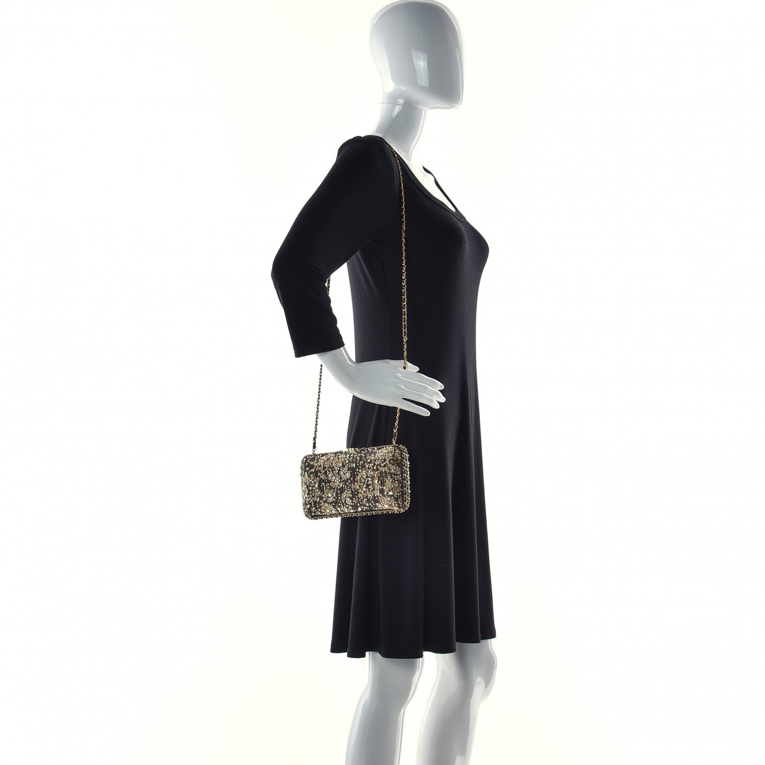Chanel Pearl Crystal Chain Around Evening Clutch Black Gold 3 of 11