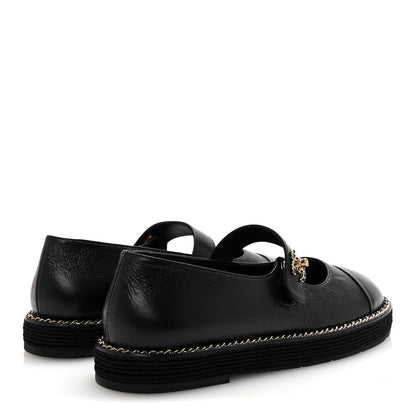 Chanel Crumpled Lambskin Cap Toe Chain CC Turnlock Mary Jane Flats 37 Black 5 of 9