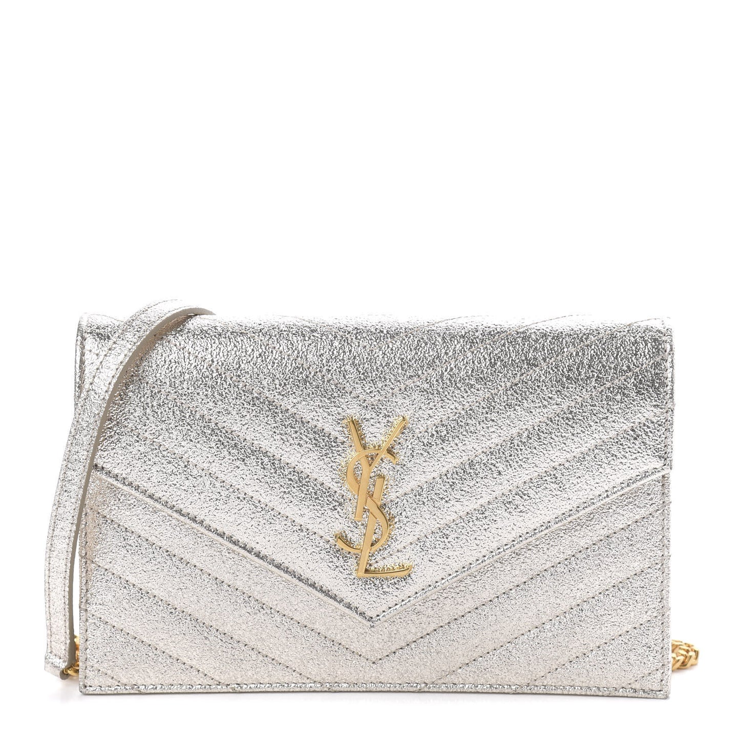 Metallic Grain De Poudre Matelasse Chevron Monogram Chain Wallet Gold