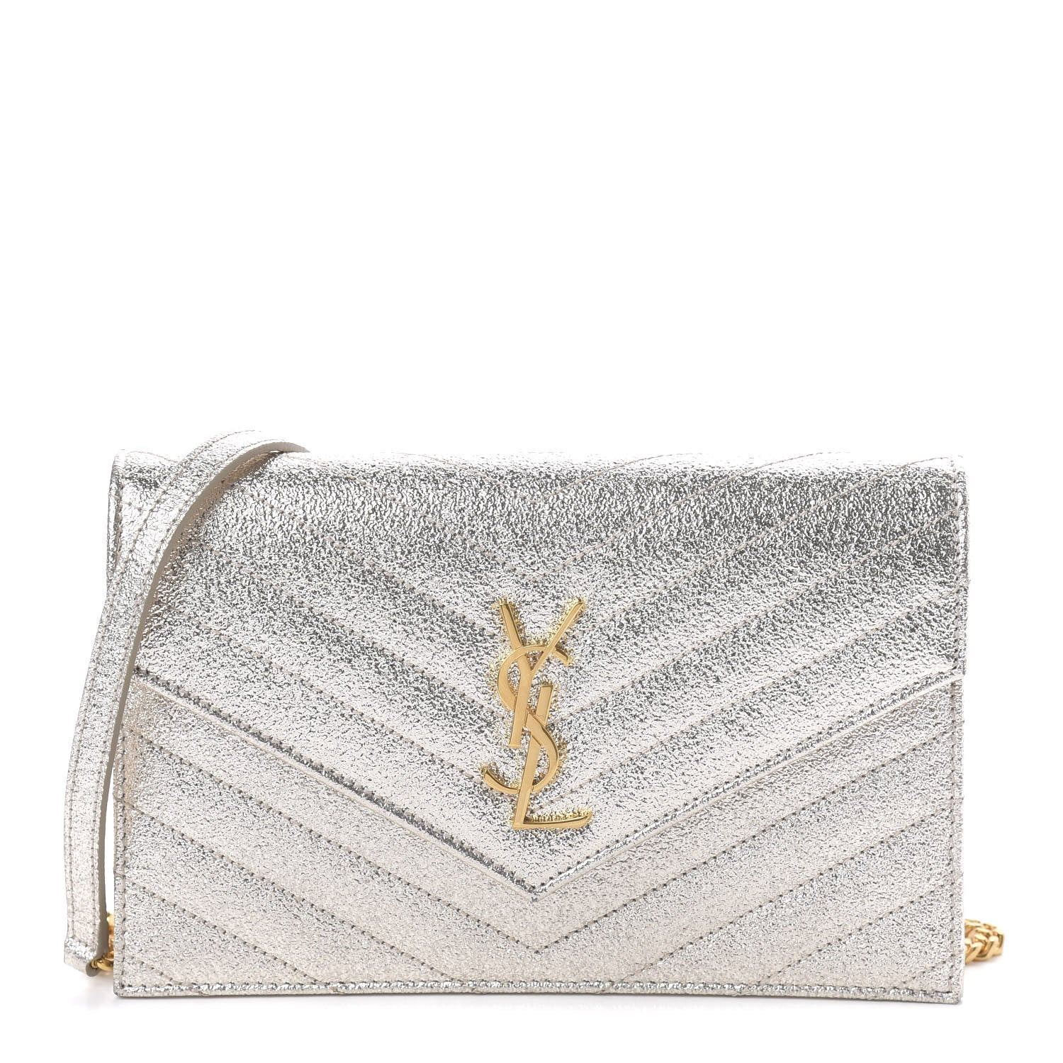 Saint Laurent Metallic Grain De Poudre Matelasse Chevron Monogram Chain Wallet Gold 1 of 9
