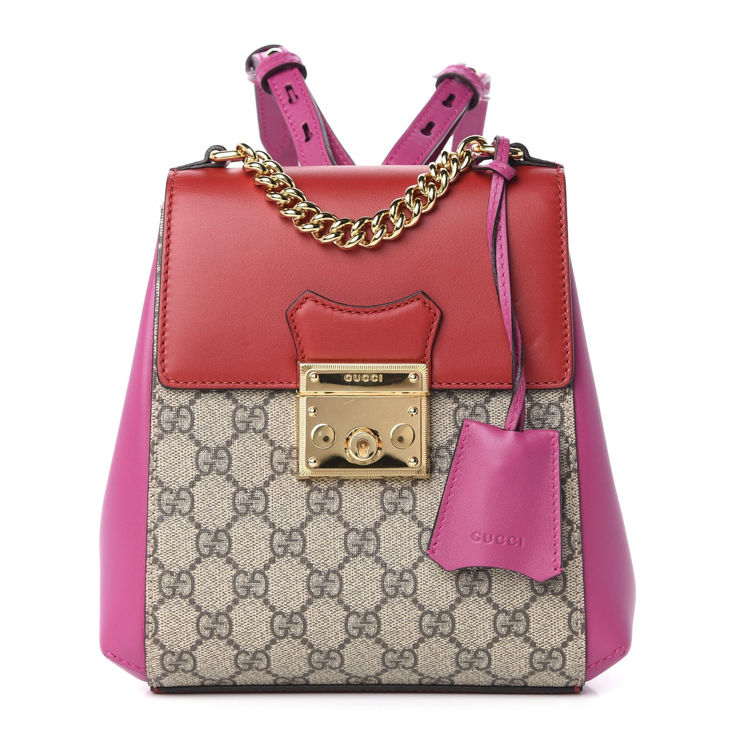 GG Supreme Monogram Calfskin Padlock Backpack Beige Hibiscus Red New Rosette