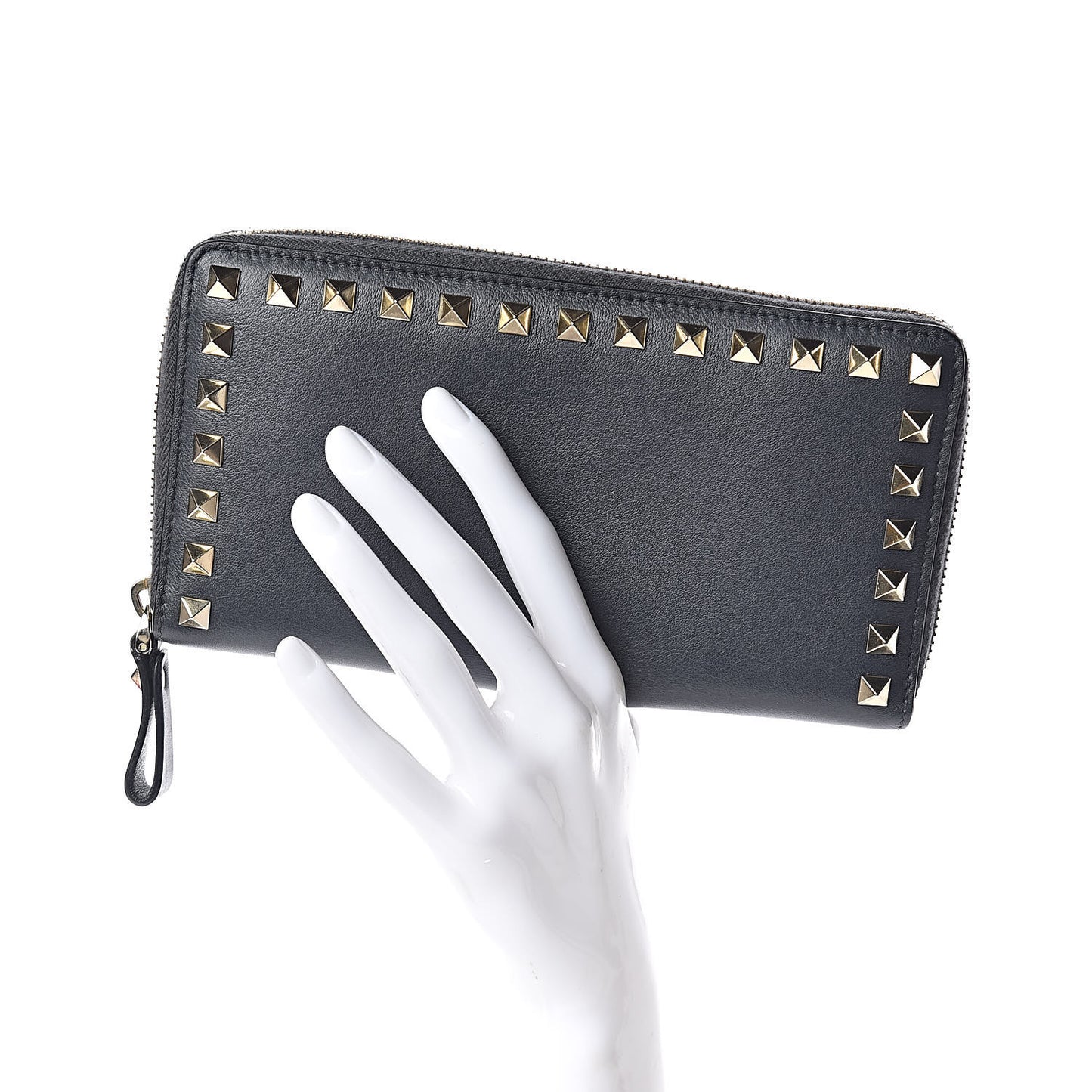 Calfskin Rockstud Zip Around Wallet Grey