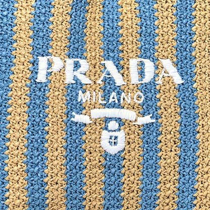 Prada Yarn Raffia Effect Crochet Striped Large Logo Tote Naturale Celeste 6 of 8