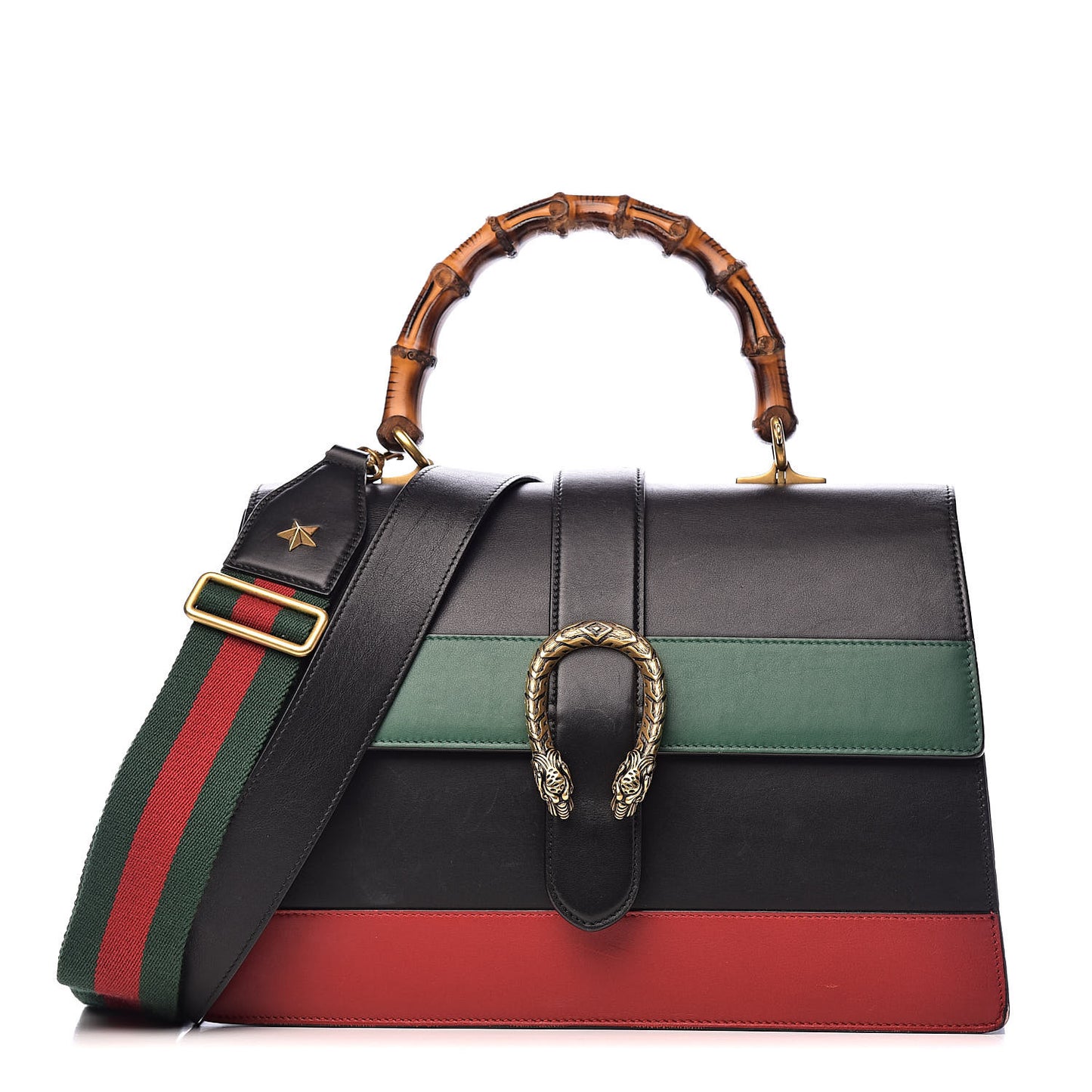 Calfskin Bamboo Web Large Dionysus Top Handle Bag Black Bright Evergreen Hibiscus Red