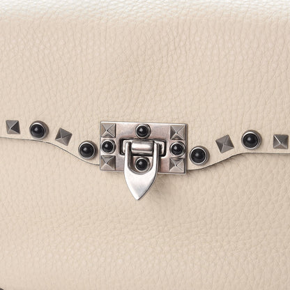Valentino Garavani Pebbled Calfskin Onyx Medium Guitar Strap Rockstud Rolling Flap Saddle Bag Ivory 8 of 9