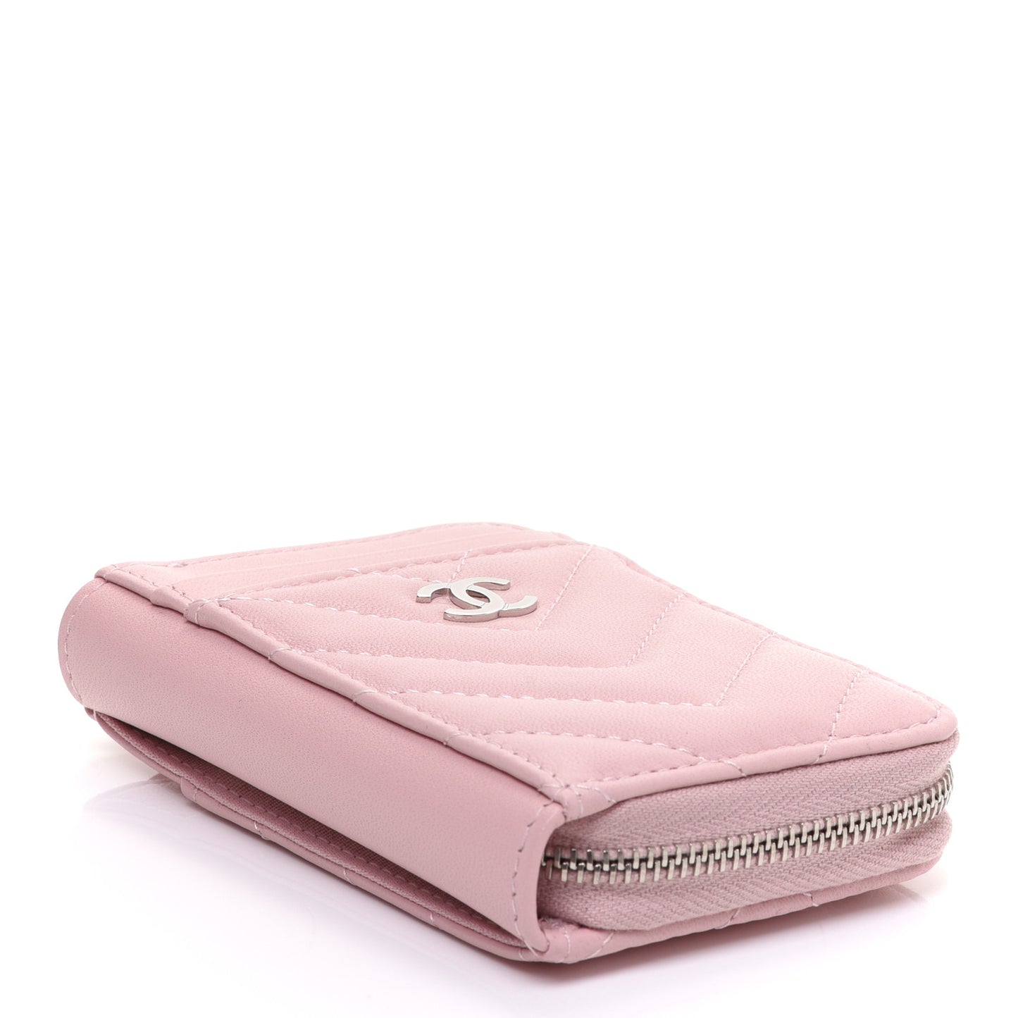 Lambskin Chevron Quilted Zip Card Holder Pink
