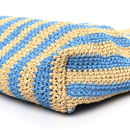 Prada Yarn Raffia Effect Crochet Striped Large Logo Tote Naturale Celeste 9 of 9