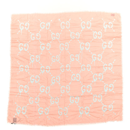 Gucci Modal Silk GG Writers Fringe Shawl Old Rose Sky Blue 1 of 4