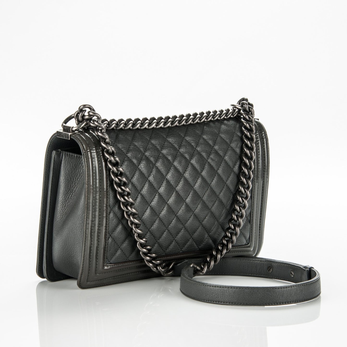 Goatskin Patent Quilted New Medium Boy Flap Grey