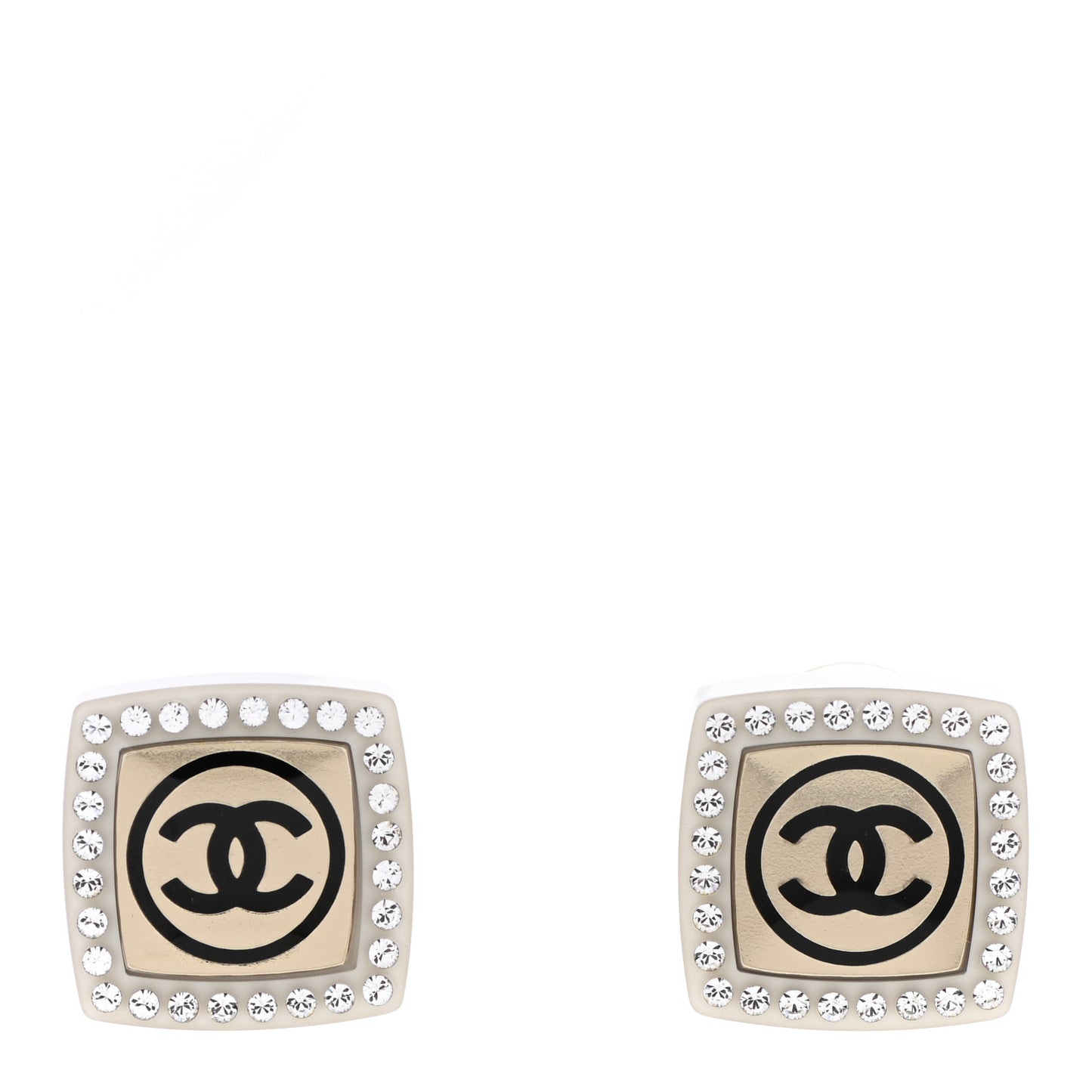 Metal Resin Crystal CC Square Earrings Gold White Black