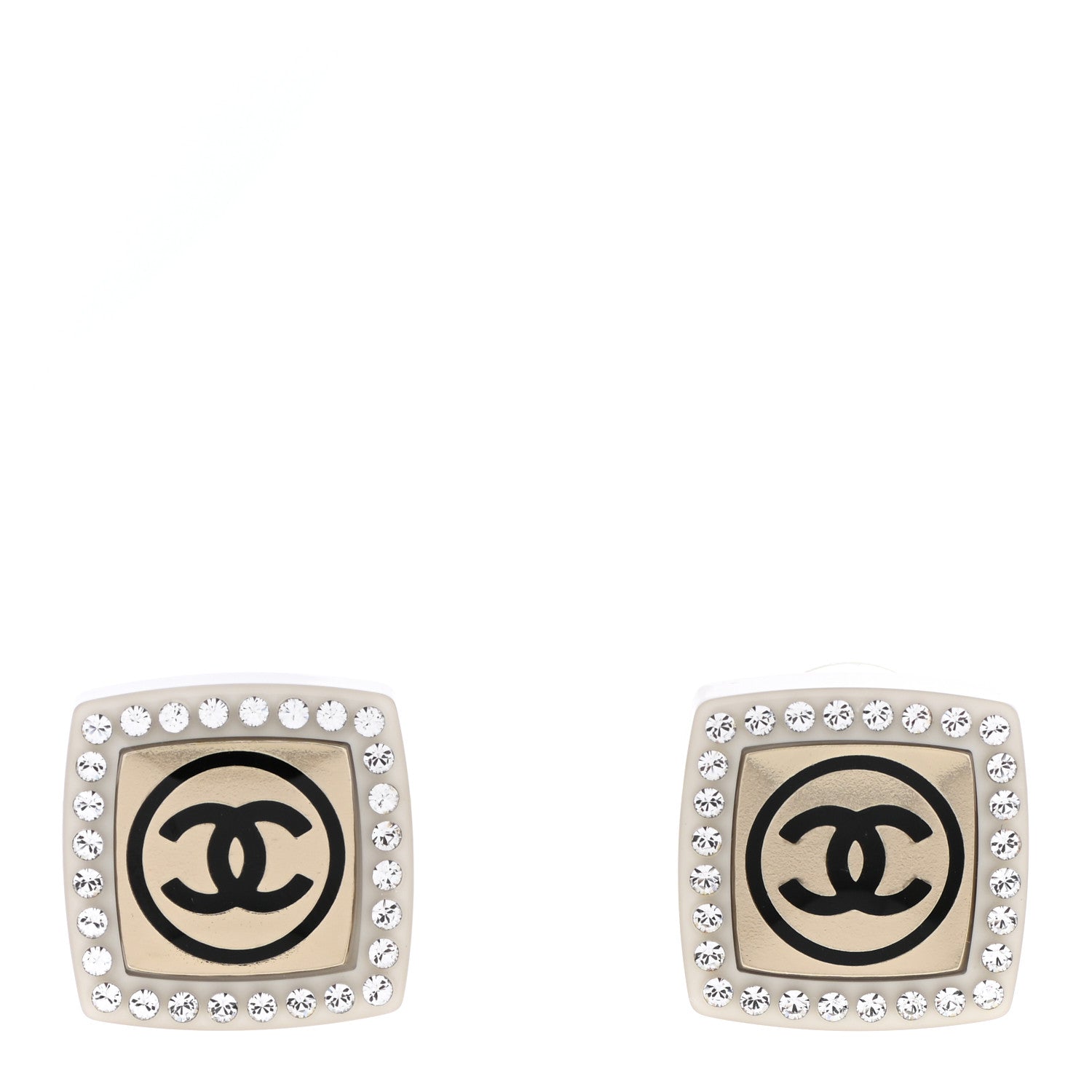 Chanel Metal Resin Crystal CC Square Earrings Gold White Black 1 of 5