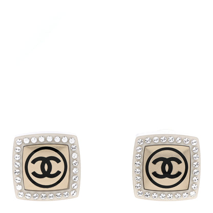 Chanel Metal Resin Crystal CC Square Earrings Gold White Black 1 of 5