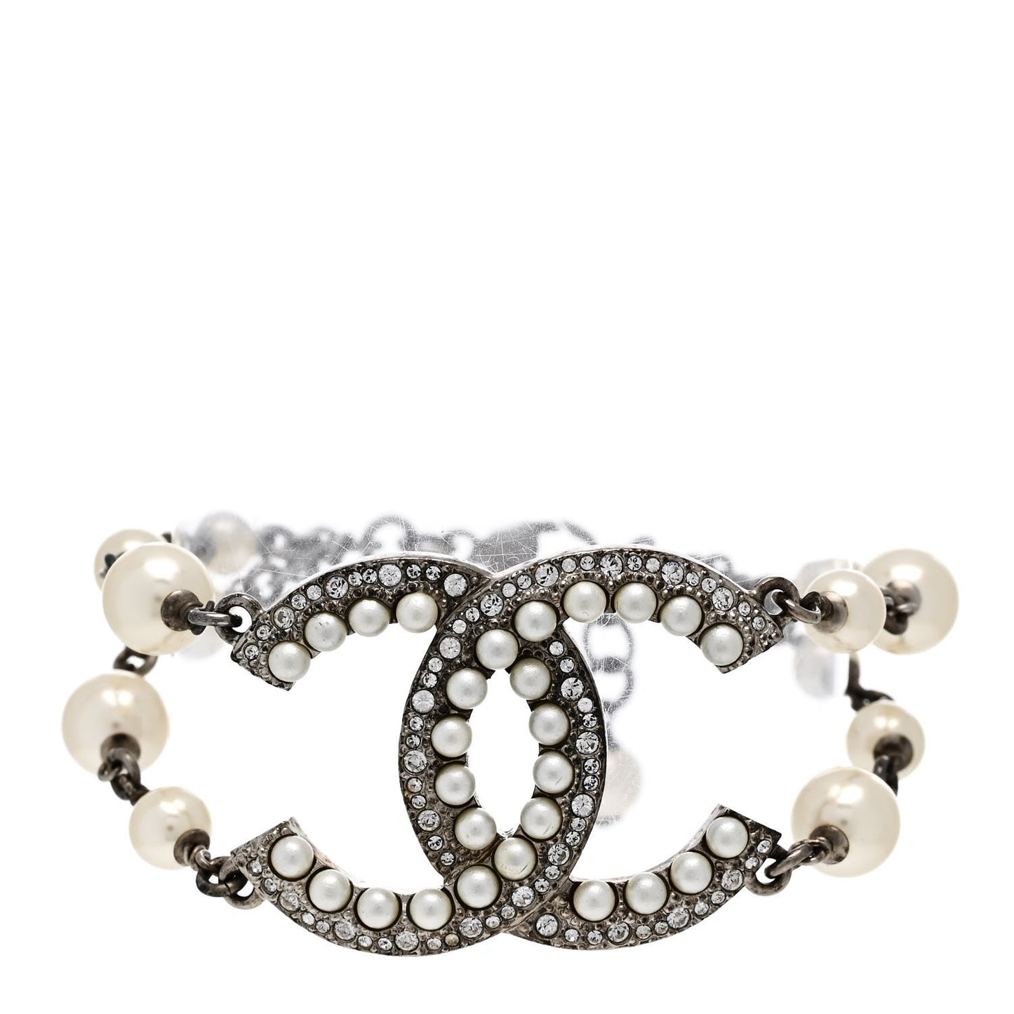 Pearl Crystal CC Bracelet Silver