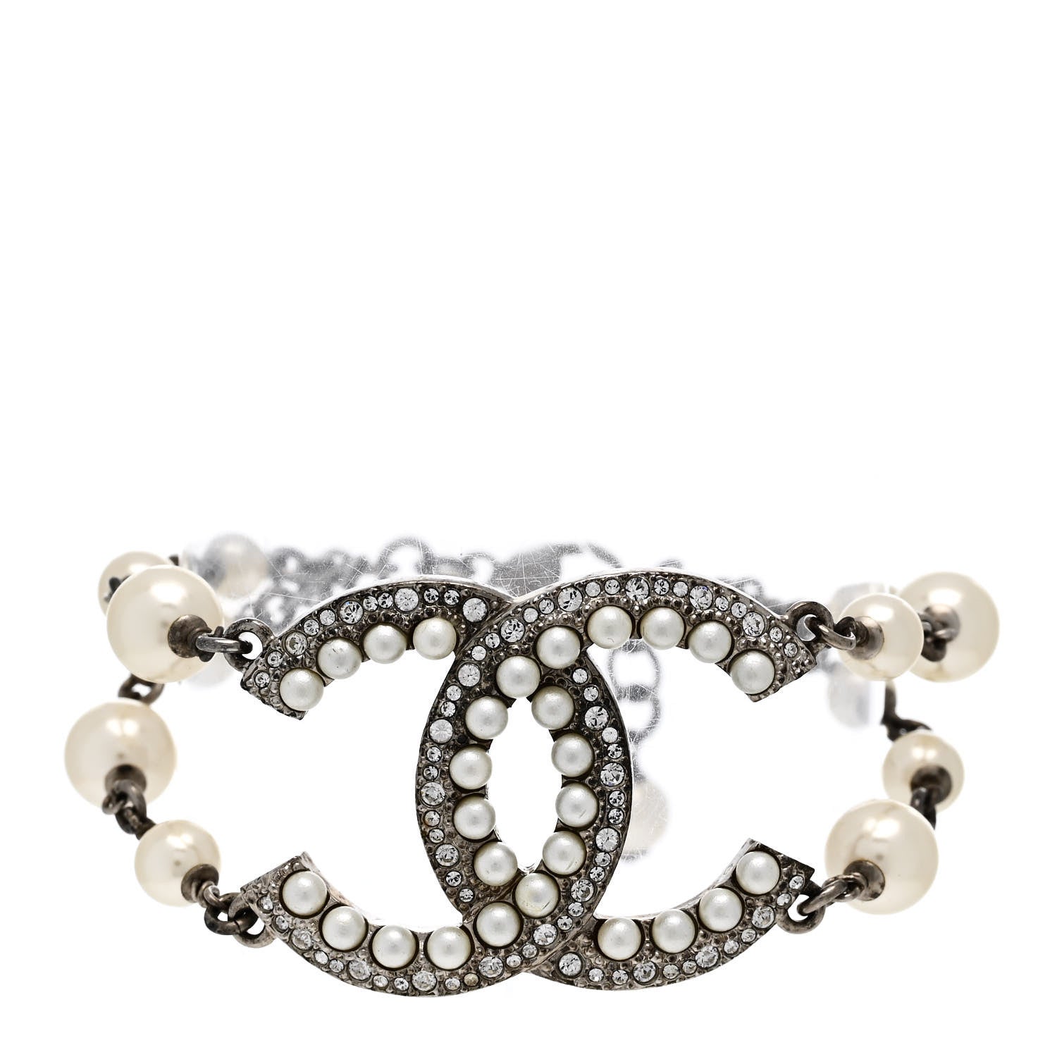 Chanel Pearl Crystal CC Bracelet Silver 1 of 4