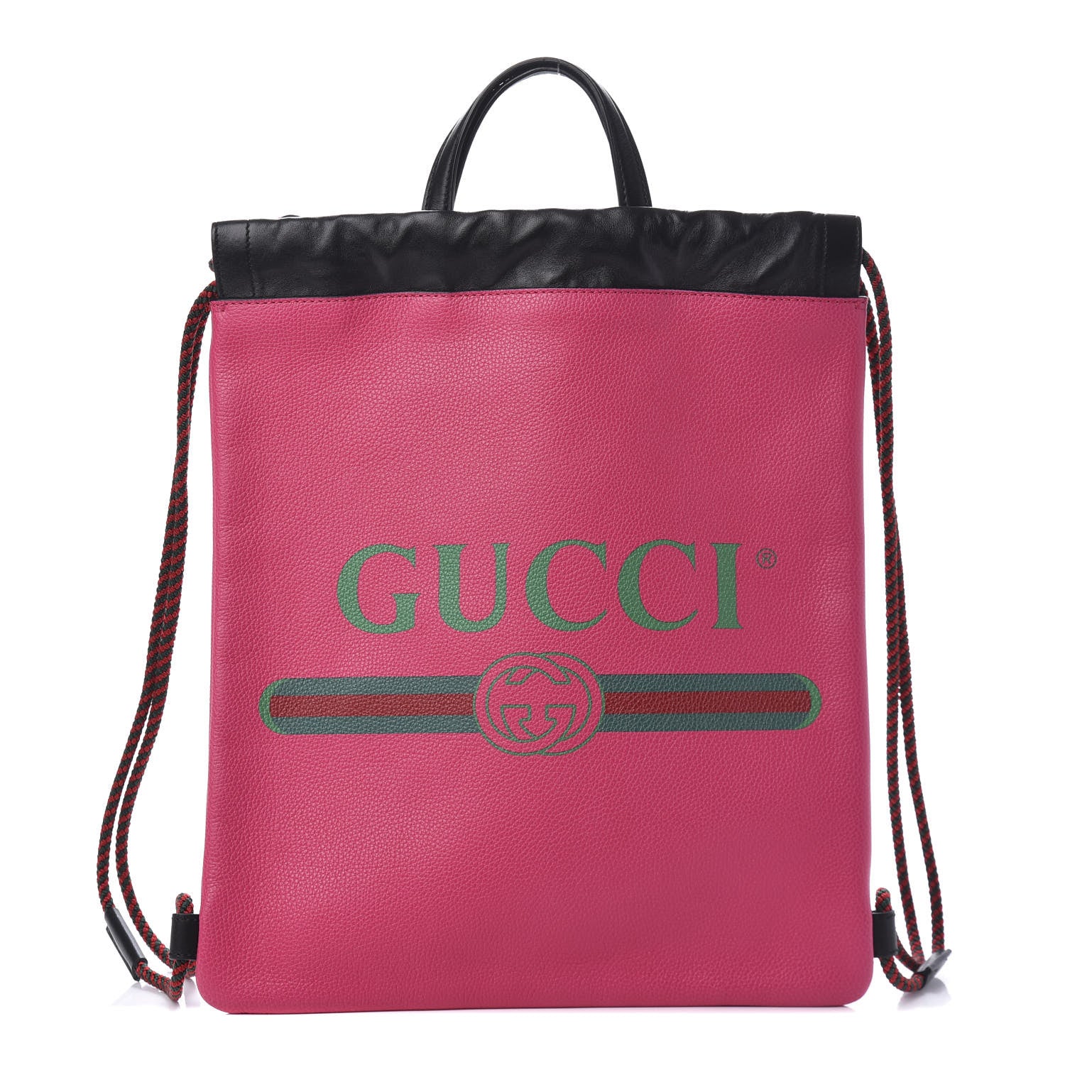 Gucci Grained Calfskin Logo Drawstring Backpack Box Pink Green Black 2 of 10